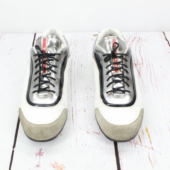 Prada White Leather Lace Up Low Top Casual Sneakers Shoes Size 8 - Picture 5 of 9